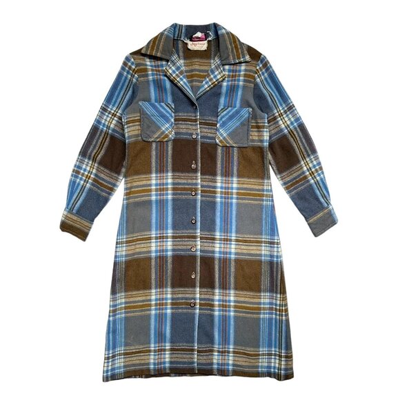 Plaid Midi shirt Dress / jacket in Blue and Brown - Picture 2 of 9